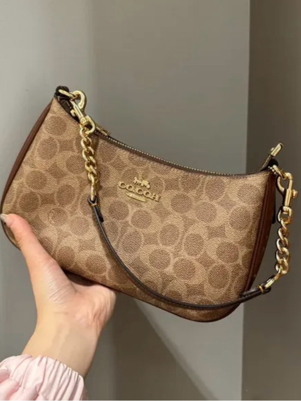 Coach Brown Signature Mini Shoulder Bag with Gold Chain
